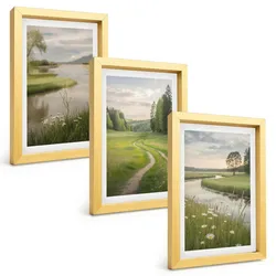 BILDER SET 3er Set - 20x30 cm Goldrahmen - Sommerliche Flusswiesen voller Blumen