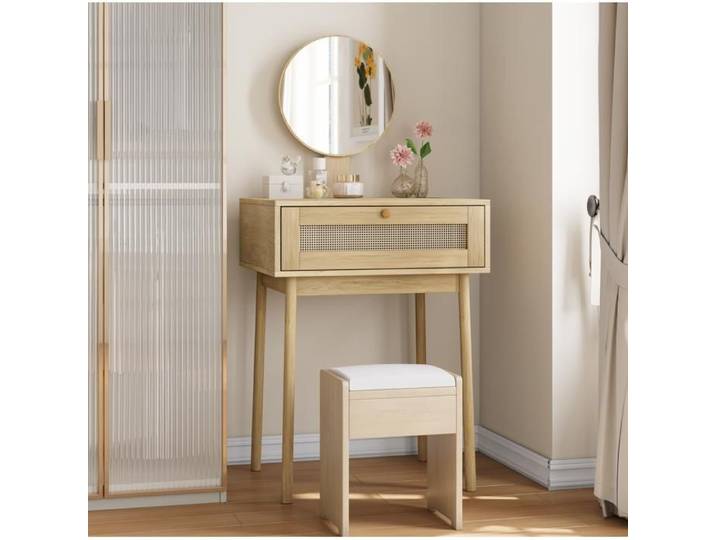 Coiffeuse avec miroir rond 60x50x128 cm 1 tiroir cannage style bohème bois et verre pour chambre Grjofek