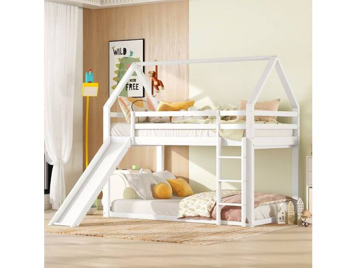 Lit superposé 90x200 cm forme maison avec toboggan pin blanc pour enfant Sans matelas