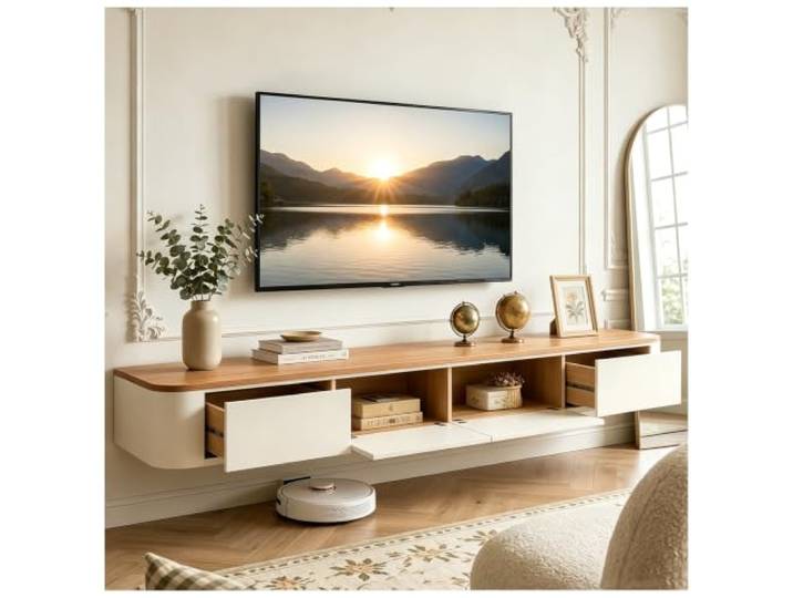 KSYGINXD 240cm TV Schrank, TV Lowboard Mit 2 Schubladen, 2 Klappe, TV Board Hängend, Fernsehschrank Für Das Wohnzimmer, Massivholz, Komplett Montiert