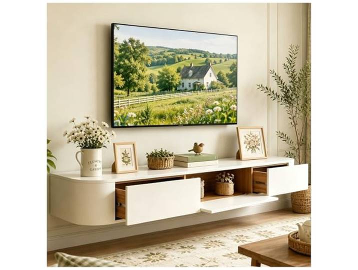 JUNFUNNLE Schwebende TV Schrank 140cm Weiß, TV Lowboard Hängend mit 2 Schubladen & 1 Klappen Türen, TV Board Hängend mit Kabelmanagement, Hänge Sideboard für Wohnzimmer und Esszimmer