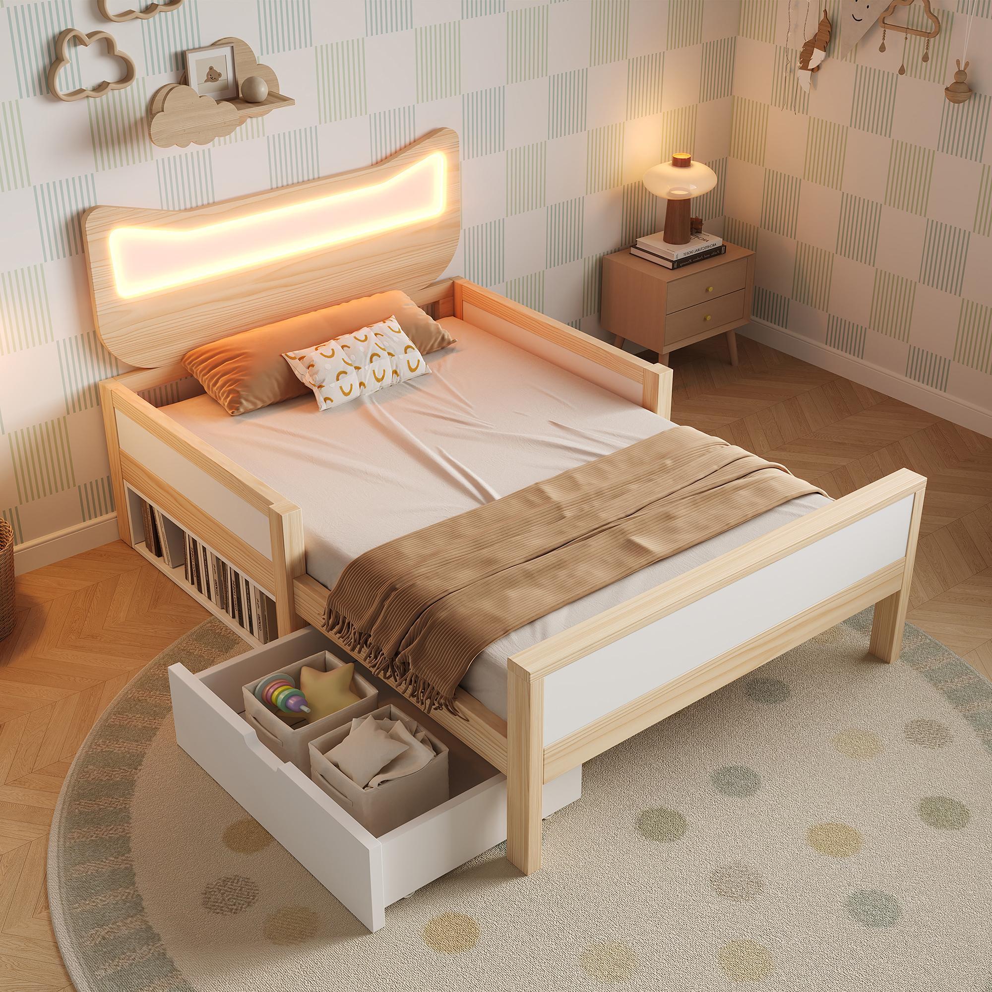 okwish Kinderbett 90×200 Doppelbett mit LED Beleuchtung und Schubladen,Holzbett mit Katzenohren Kopfteil,Bettgestell mit kindersichere Schutzgitter, Eiche(mit Matratze)