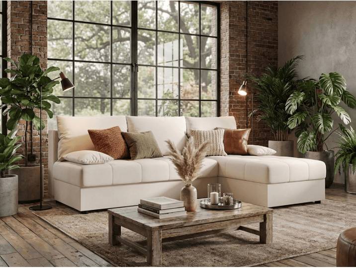 Ausziehbares Ecksofa VENORIA SLIM 200x143 cm, creme, beidseitig montierbar + 2 Kissen GRATIS