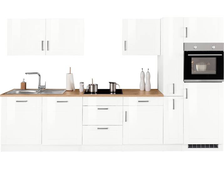 Küchenzeile KOCHSTATION KS-Tinnum , weiss (küche: weiß, korpus: weiß, arbeitsplatte: wotaneichefarben), B:330cm T:60cm, Komplettküchen-Sets, Küchenzeile, ohne E-Geräte, Breite 330 cm