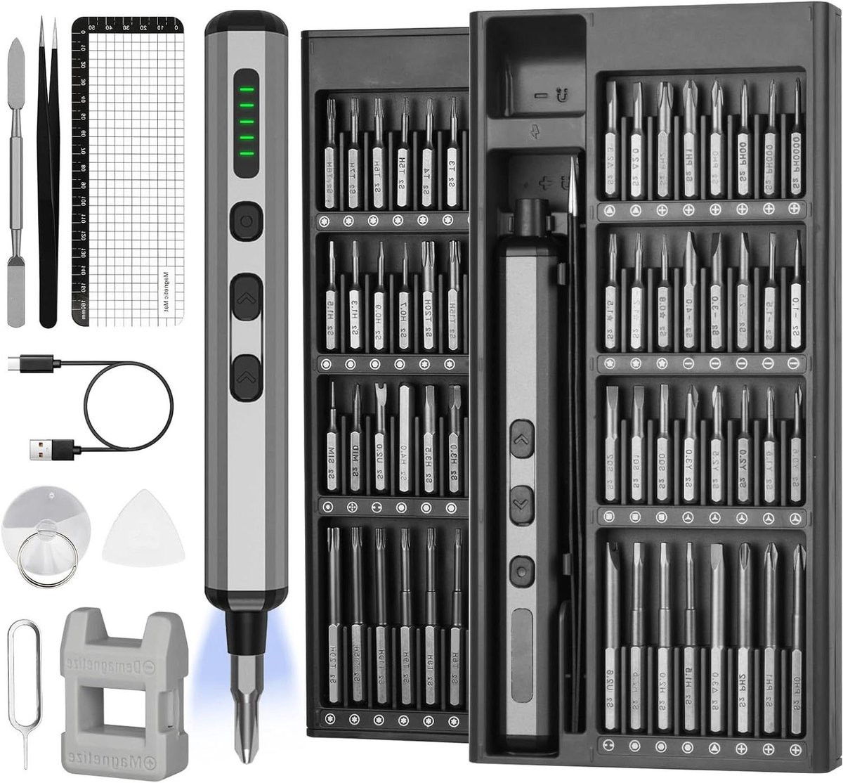 Allecto Plus Elektrische schroevendraaierset met 72-in-1 precisie bits en 5-speed koppel, grijs