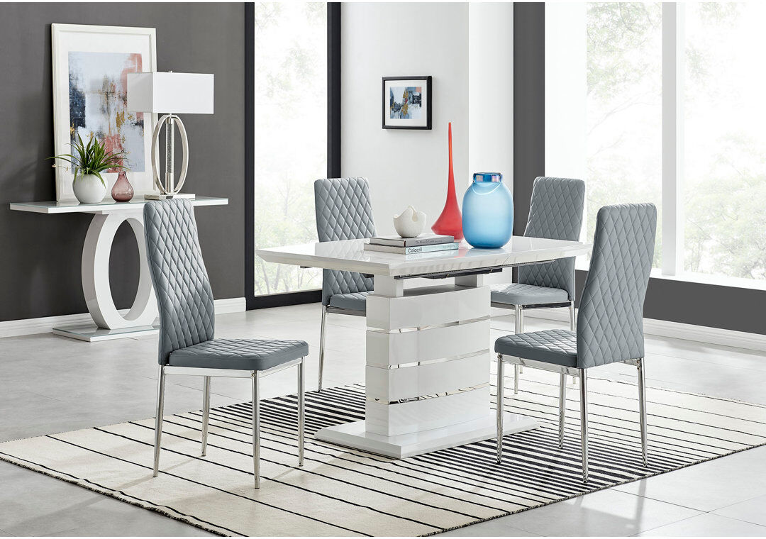 Canora Grey Renne Modern High Gloss Extendable Dining Table Set With 4 Quilted Faux Leather Dining Chairs Grey/Silver 4