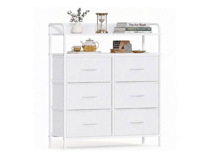 Refined Living Kommode Stoffkommode mit 6/7/8 Schubladen mit 2 offenen Ablagen Komodenschrank (Holzplatte und Metallrahmen, wasserdicht, Platzieren Dekorationen, Große Kapazität Aufbewahrungsmöbel, Sideboards, Schubkastenkommode), für Wohnzimmer, Kinderzimmer, Eingangsbereich, Flur, Schlafzimmer