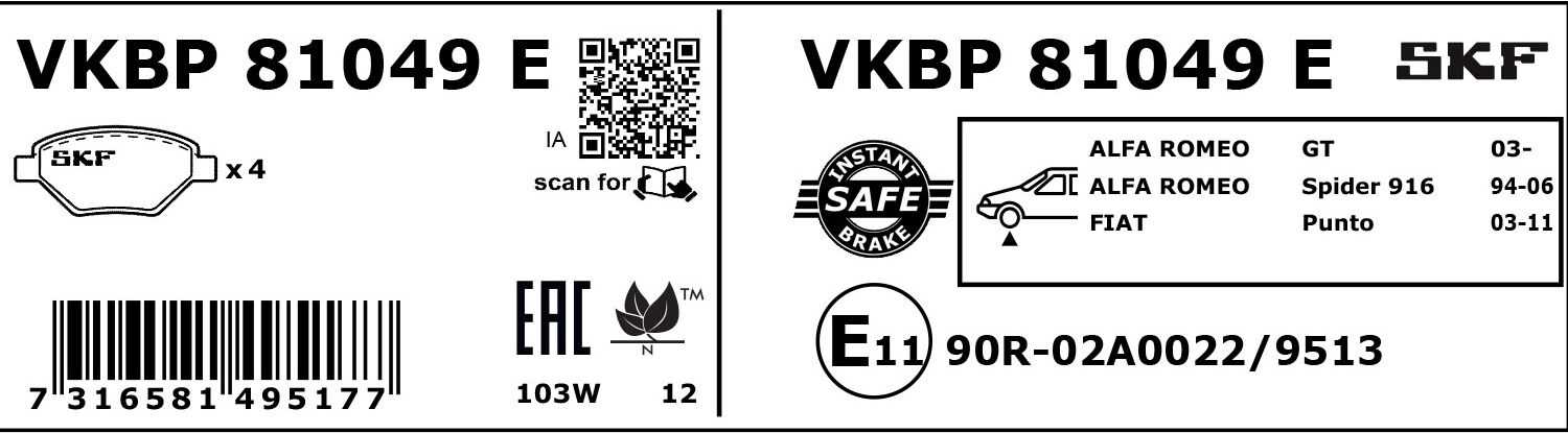 Skf Bremsbelagsatz, Scheibenbremse Vkbp 81049 E Für Alfa Romeo