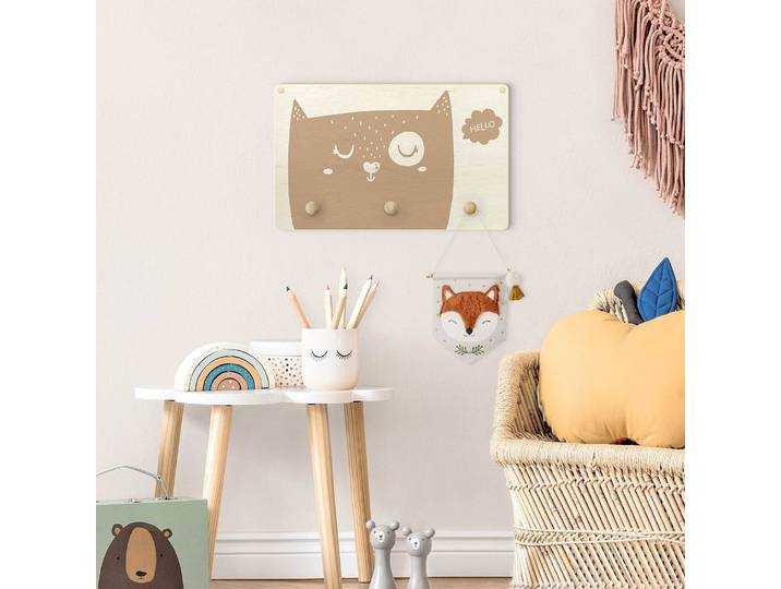 home24 Kinderkapstok Hello Kat 40 x 25 x 1cm beige/bruin/wit