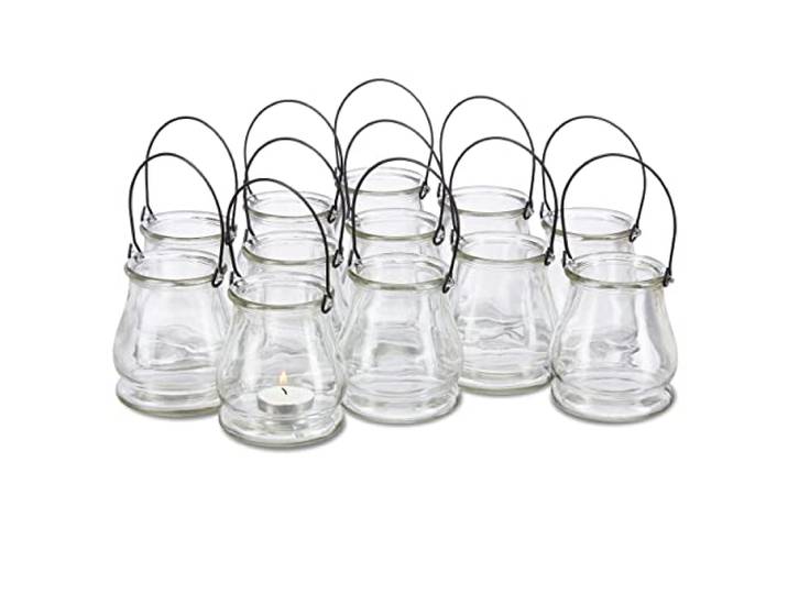 Relaxdays Photophore en Verre\, Lot de 12\, Petit Vase Rond avec Anse\, déco de Table intérieure et extérieure\, Transparent