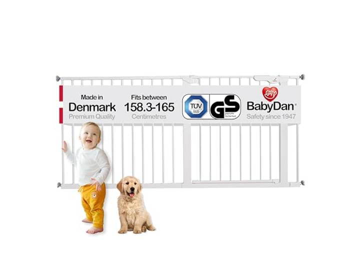 BabyDan Premier, Extra breit Ohne bohren Treppenschutzgitter, 158,3-165 cm, Babygitter/Sicherheitsgitter, Metall, Weiß, Hergestellt in Dänemark - (Haustiergitter/Hundegitter)