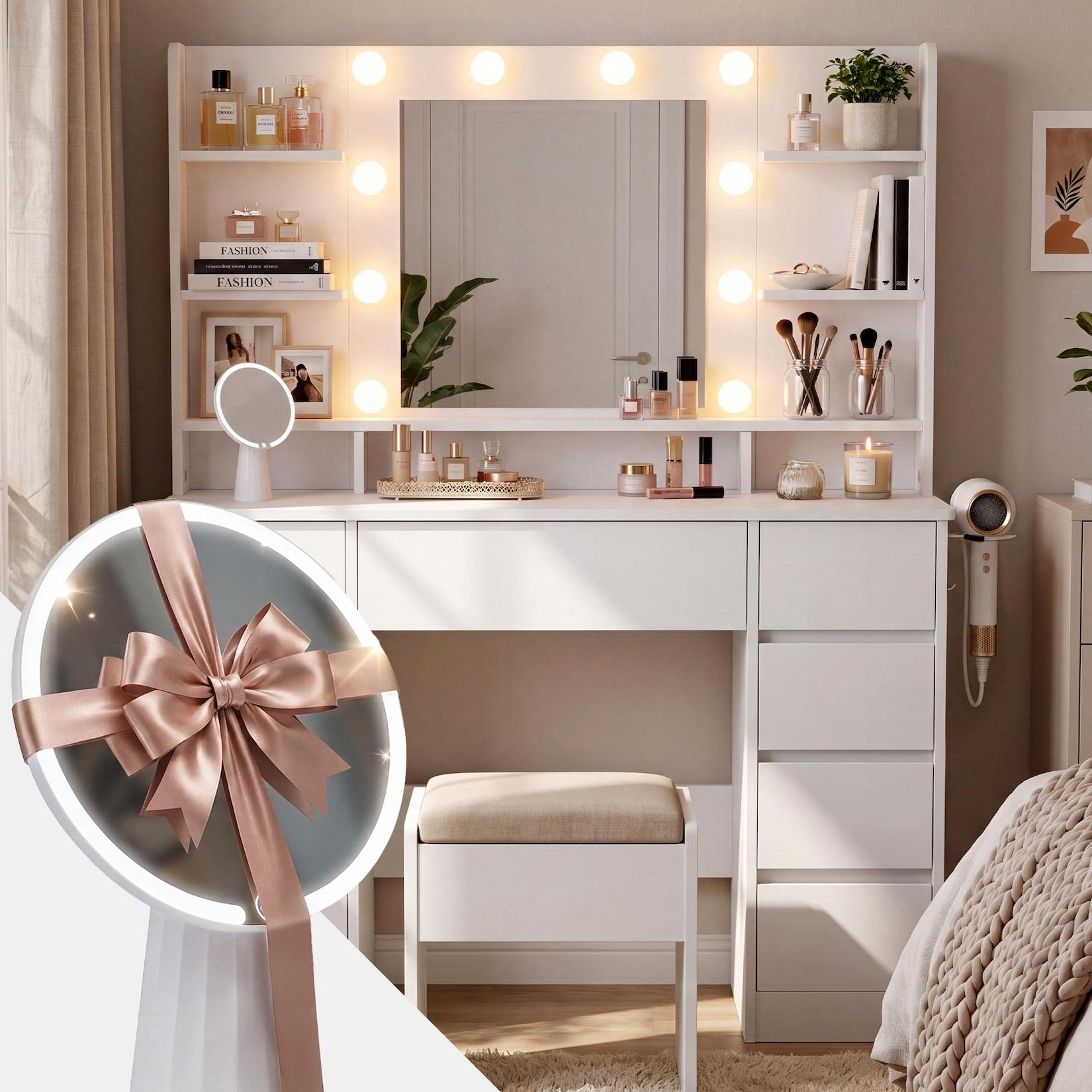 CLP Schminktisch mit Beleuchtung, Hollywoodspiegel mit dimmbarer LED, Frisiertisch Pretty inkl. Kosmetikspiegel und Föhnhalterung, 9 Schubladen
