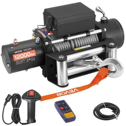 VEVOR Elektrische Seilwinde, 5400 kg, 12 V DC Elektrowinde mit 24 m Stahlseil, kabellose & kabelgebundene Fernbedienung, IP55 Offroadwinde zum Abschleppen von SUV, Jeep, Anhänger, Boot, Geländewagen