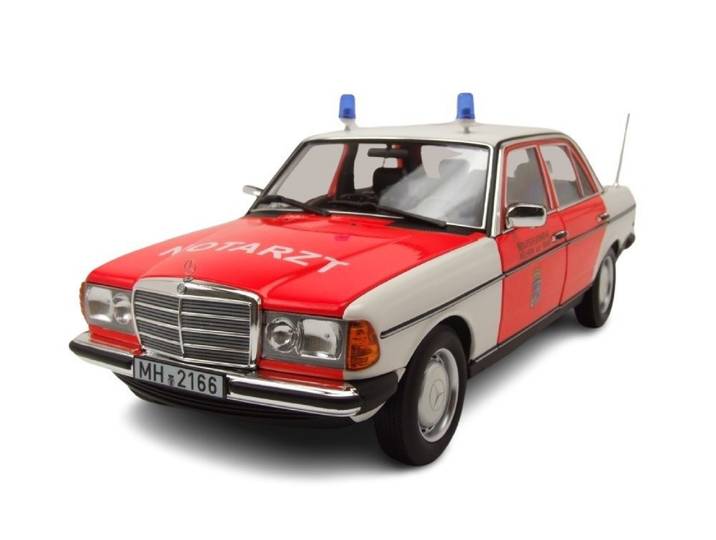 Norev Modellauto Mercedes 200 W123 Notarzt 1984 rot weiß, Maßstab 1:18