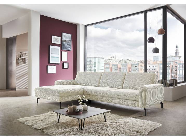 Ecksofa, Beige, 302x178 cm, Cord (100% Polyester), Federkern, Ottomane Links, Retro