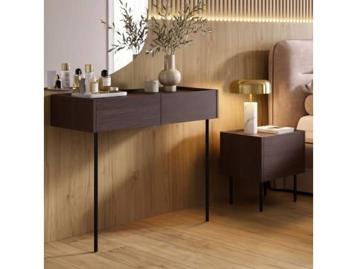 Lomadox Schlafzimmer Set 2-teilig in Eiche, Schminktisch & Nachtkommode, Metallfüße, Softclose-Schubladen, grifflos