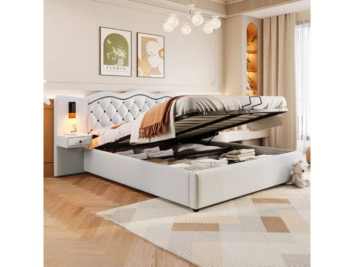 Lit coffre capitonné 180x200cm - tête de lit intégrée - interface USB - deux lampes de chevet grand rangement - beige