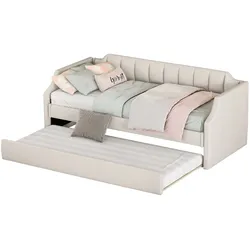 OKWISH Tagesbett 90x200 mit ausziehbarem Rollbett Schlafsofa Polsterbett Gästebett Wohnzimmer modernes Design Leinenbezug Beige