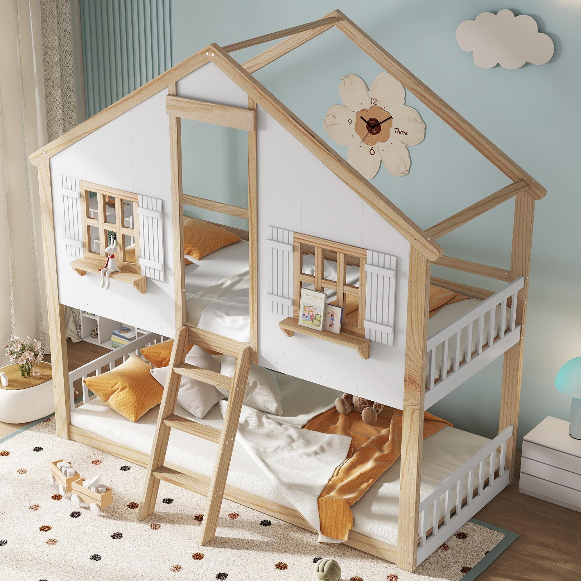 MODFU Etagenbett mit zwei matratze 90x200 Jugendbett mit Fenster,Kinderbett mit Sicherheitsgeländer,Holzbett Bettgestell mit Lattenroste,Weiß+Natur