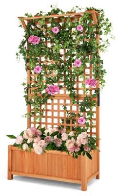 Costway Raised Garden Bed with Trellis and Hanging Roof-Natural
