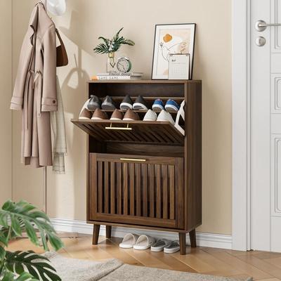"23.62""W Walnut Grille Striped Shoe Cabinet, 12 Pair Shoe Storage Cabinet W/2 Flip-Top Drawer - N/A"