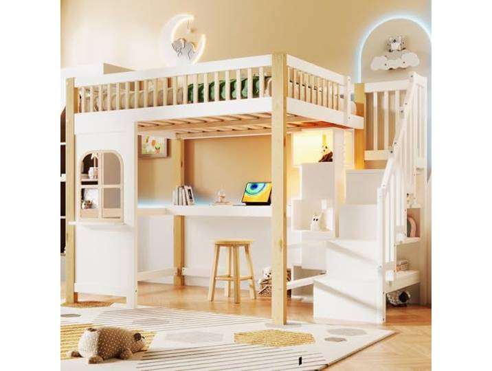 Merax Kinderbett 140x200 cm Hochbett mit Schreibtisch, Multifunktionales Holzbett mit LED-Beleuchtung, Steckdose, Ablageleiter und offenem Staufach, Fensterform, Kiefernholz, ohne Matratze, Weiß+Natur