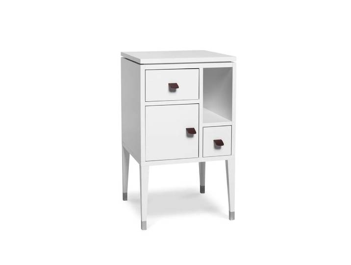 Mavis Table de chevet Abisko pieds hauts Blanc, poignées en cuir de renne brun