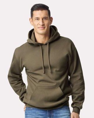 Gildan G195 Hammer Maxweight Hooded Sweatshirt in Olive size Small   75% us cotton, 25% recycled polyester