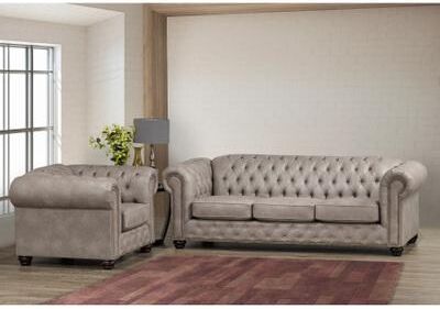 Heston Tufted Light Grey Faux Leather Chesterfield Sofa and Chair Set