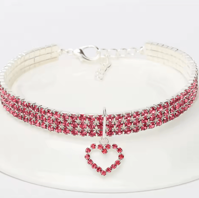 Inspire Picks Three Row Rhinestone Pet Collar Rhinestone Pet Collar For Cats & Dogs With Elegant Heart Charm Design love Collar Pink l