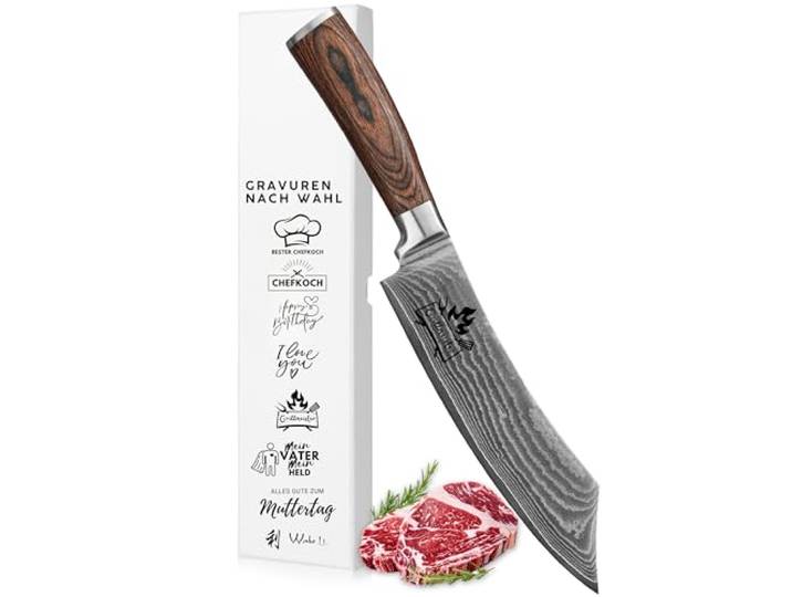 Wakoli EDIB BBQ- und Blockmesser mit Gravur, Damastmesser 20 cm, VG10-Kern Personalisiertes Messer, Blockmesser aus 67 Lagen Damaststahl, 60 ± 2 HRC, Pakkaholzgriff, für Steak & Grillgut, Geschenkbox.