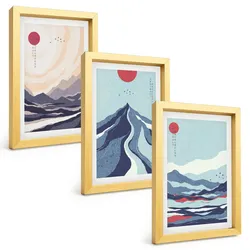 BILDER SET 3er Set - 20x30 cm Goldrahmen - Abstrakte japanische Berge
