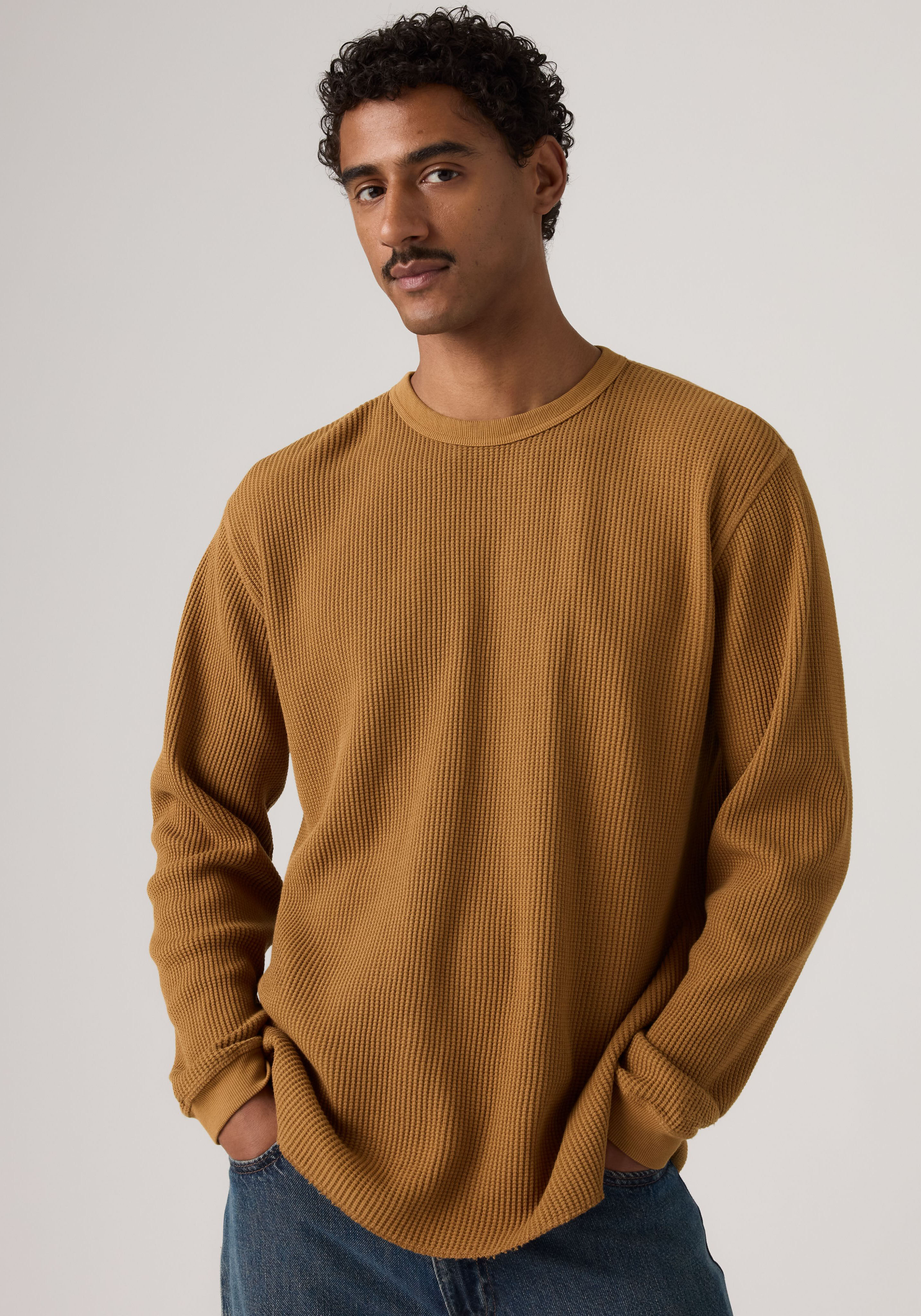 Langarmshirt LEVI'S, Herren, Gr. XL, braun (garment dye foxtrot), Jersey, Obermaterial: 100% Baumwolle, bequem hüftlang, Rundhals, Shirts Langarmshirt, Waffelstrukturmuster garment dye foxtrot XL