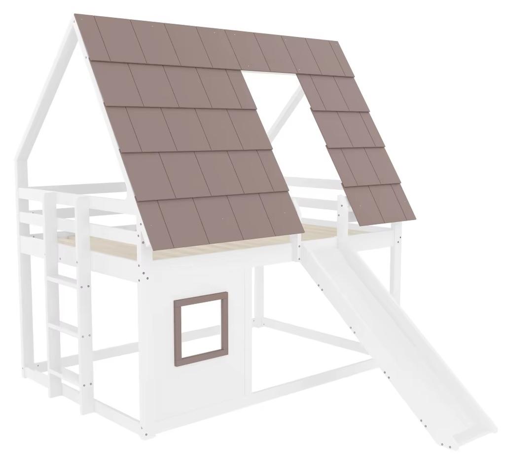Kinder-Etagenbett - Hausdesign - Dach - Leiter - Rutsche - 140 x 200 cm - Braun und Weiß