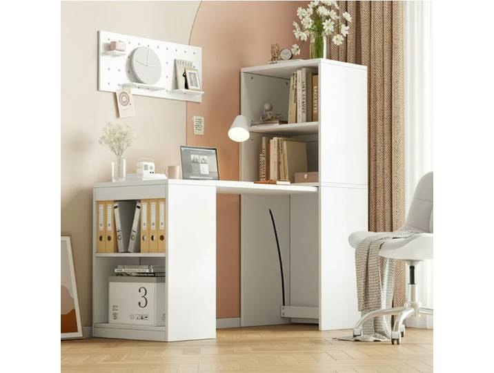 WOVREO bureau pliant 2-en-1 avec étagères 130 x 51 x 137 cm blanc