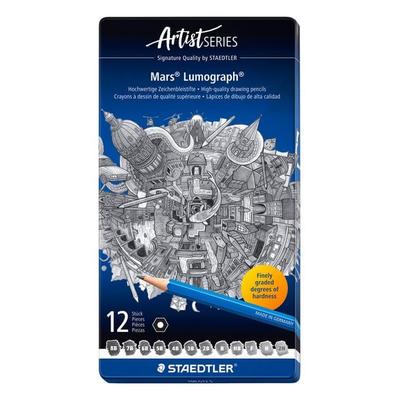 STAEDTLER Mars Lumograph 100 Zeichenbleistift, Metalletui mit 12 Bleistiften in sortierten Härtegraden, 100 G12 S