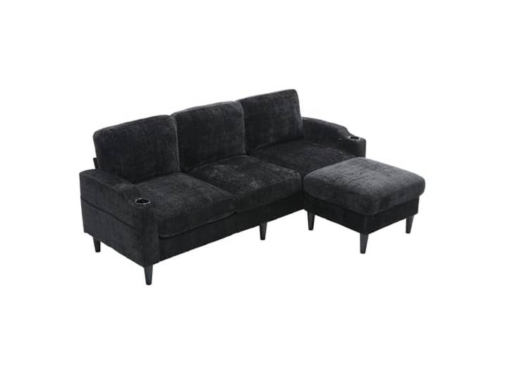 Ropilly 4-Sitzer Sofa mit Hocker, schwarzes Chenille Sofa Hocker mit verstecktem Stauraum, Getränkehalter und Seitentaschen halten Decken, Bücher und Getränke griffbereit