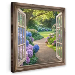 LEINWANDBILD Aussicht - Garten - Fenster - Hortensie - Blumen Deko Wohnzimmer 20x20 cm