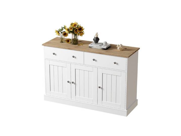 EXTSUD Sideboard 120 cm – 3 Türen & 2 Schubladen, Weiß/Holz