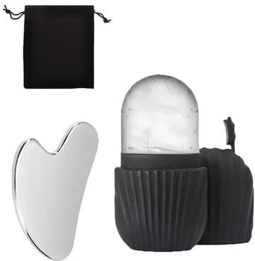 Uplift Picks Ice Face Roller And Stainless Steel Gua Sha Set black
