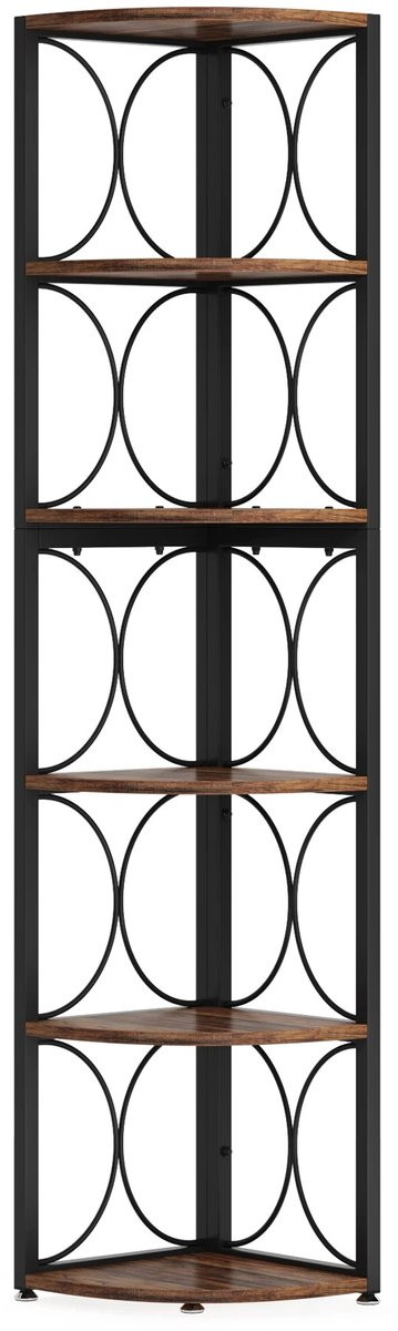 Questyr Hoekboekenplank met 6 niveaus, Rustieke Staande Hoekkast, Hoogte: 170 cm