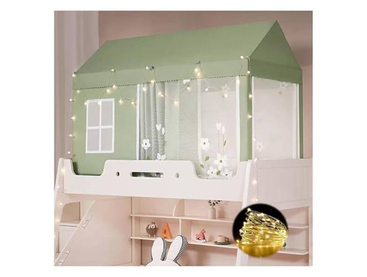 Twin Top Etagenbett-Zelthimmel for Mädchen mit Lichtern – Beige(Green,90cm)