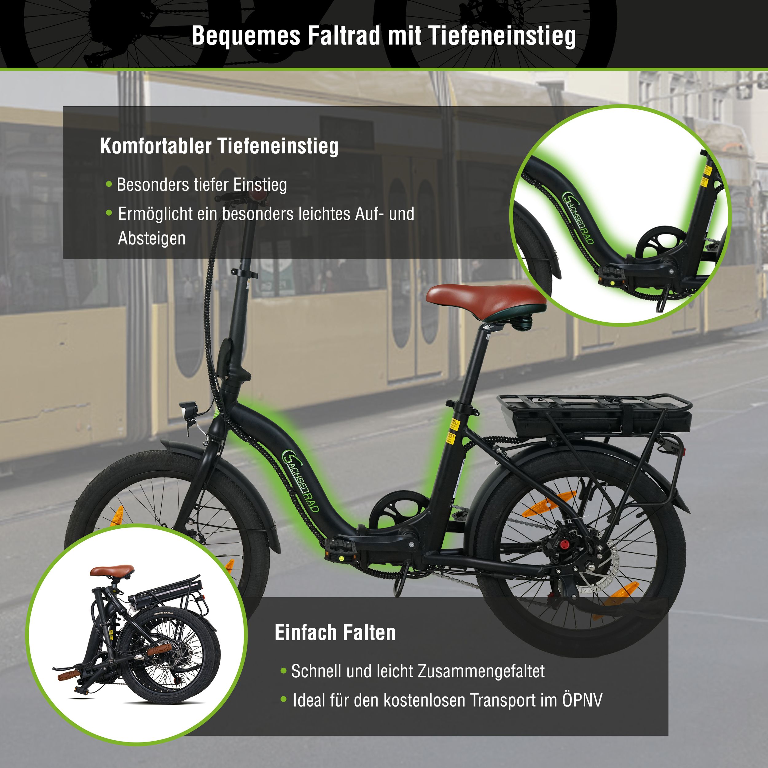 E-Bike SACHSENRAD "Faltrad F2 Farmers mit Korb und Alarmanlage", schwarz, Elektrofahrräder, 35cm, 20 Zoll (50,80cm), Topseller