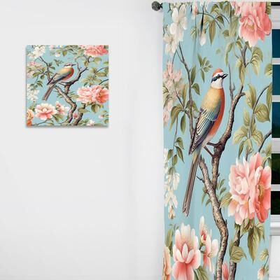 DESIGN ART "Designart ""Chinoiserie Birds And Peonies II"" Bird Curtain - Blackout Floral Curtain - 1 Panel"