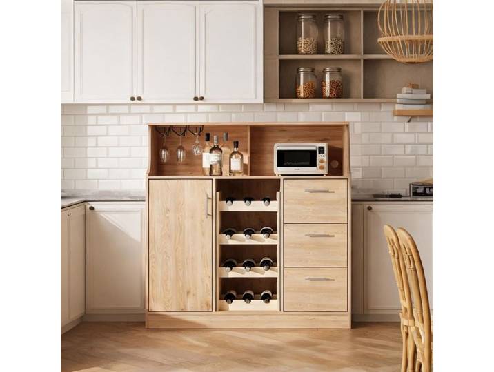 Buffet scandinave en MDF finition bois clair et blanc avec LED porte-bouteilles et prise – 120x40x121 cm