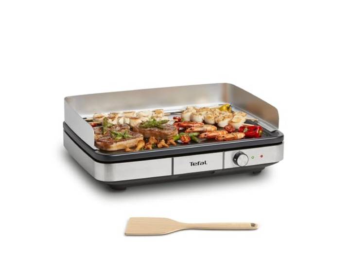Tefal Maxi Plancha Elektro-Tischgrill CB690D, Extra groß, Antihaft Teppanyaki Platte, Leichte Reinigung, Innen und außen nutzbar, Inkl. abnehmbarem Windschutz + Spatel, 2300W, Schwarz/Silber