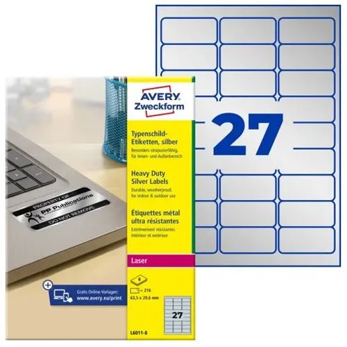 AVERY Zweckform 216 Typenschildetiketten L6011-8 silber 63,5 x 29,6 mm