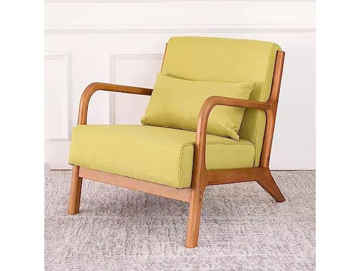 YCKEGEW Mid-Century Modern Gepolsterter Sessel, Relaxsessel Single Sofa Comfy Fernsehsessel, Leinen Stoff Akzent Stuhl Für Schlafzimmer, Lesesessel Mit Massivholzrahmen, Dickes Kissen (Color : Groen)