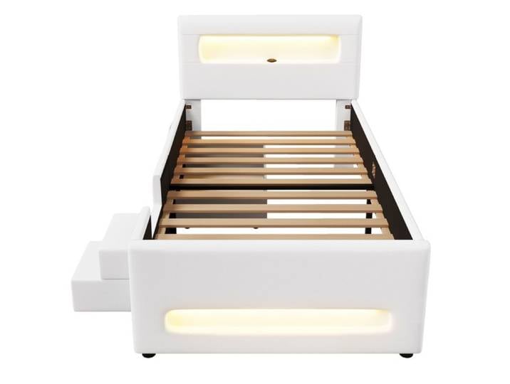 ELVORIN Lit plateforme rembourré 90 x 200 cm blanc LED tête et pied USB marches tiroir poches sommier à lattes