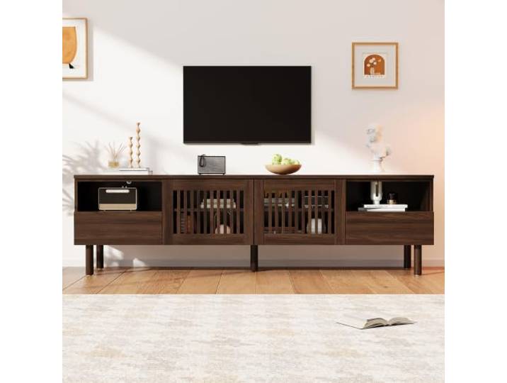 180cm TV‑Schrank aus MDF‑Holz, TV‑Lowboard mit 2 Gittertüren & 2 Schubladen, Fernsehschrank mit offenen Fächern, Massivholzbeine für Wohnzimmer, Geeignet für Fernsehgeräte von 55‑75 Zoll ,180×40×51 cm